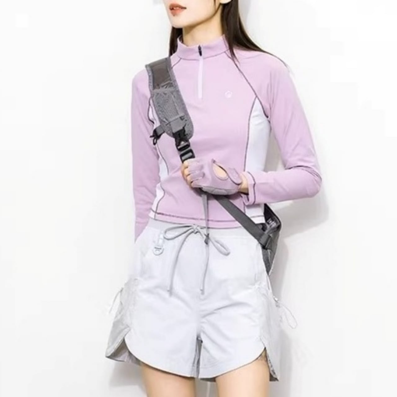 ハーフジップコントラストステッチクロップドTシャツ C01163