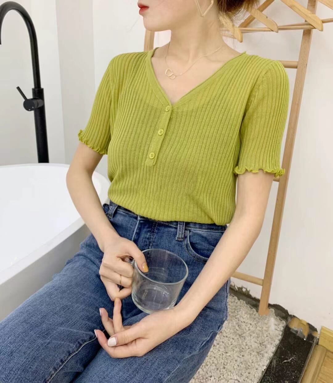 ヘンリーネック シアーリブトップス　AJ111-528-1