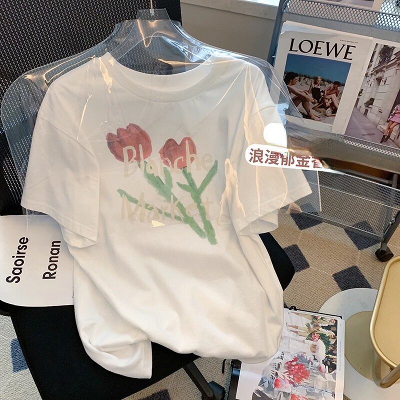 送料無料 原宿特大Tシャツ夏の花柄コットンOネックTシャツ半袖