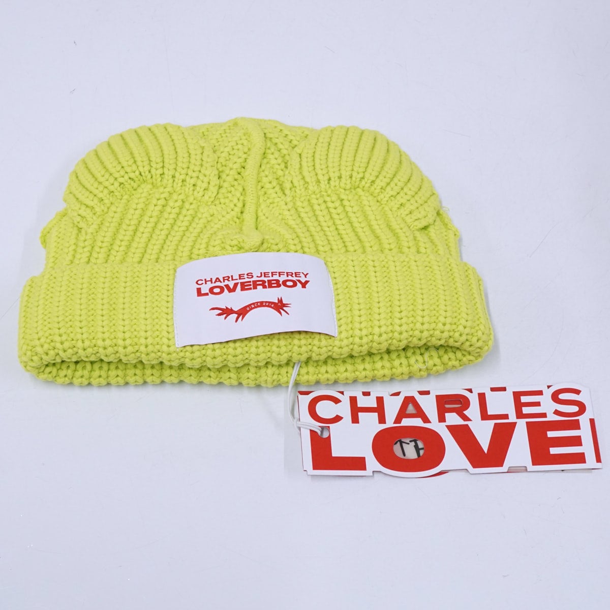 Charles Jeffrey LOVERBOYライムカラービーニー 新品】チャールズジェフリーラバーボーイ ニット帽 CHUNKY EARS BEANIE