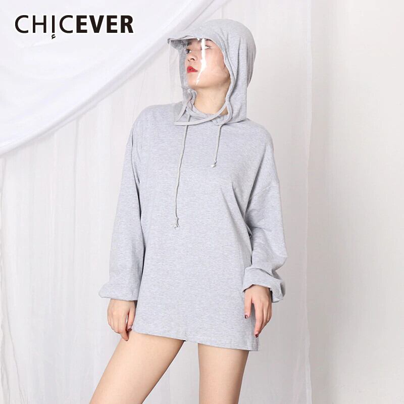 CHICEVERブラックスウェットシャツレディースフード付きカラー長袖ワンサイズパッチワークソリッドスウェットシャツ ロング ソリッドカラー 6base531945413970