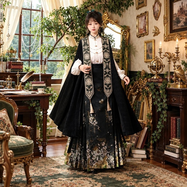 墨夜に咲く白蓮 金糸花紋と刺繍ケープの中華ゴシック3点セット