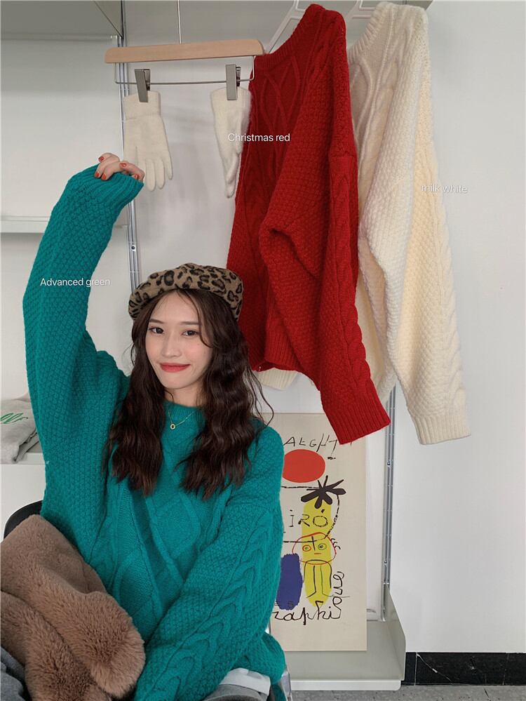 セーター レディースウィンタースタンダードルーズラウンドネックプルオーバー ニットトップス レトロ 冬物 Oネック ブラックストロベリース96396583263