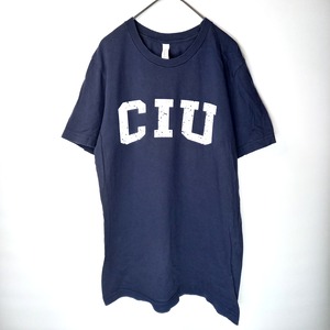 クルーネック　プリントTシャツ　半袖　カレッジロゴ　ネイビー　M