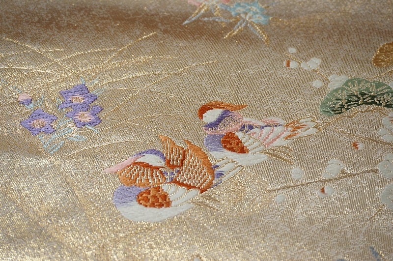 西陣織 純金箔二重織 花車 鴛鴦 袋帯 金糸 ベージュ 173 | kimono Re