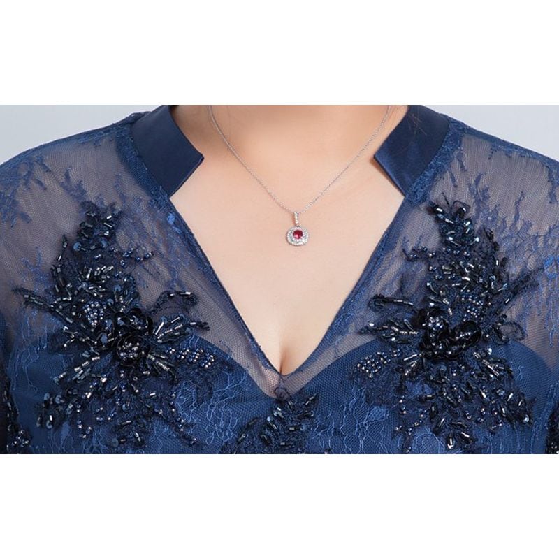 3F 最高級 ベルベット 大判ショール 豪華レース 濃紺 昭和レト 3XL〜7XL】Vネックレースロングドレス D1621 | 演奏会・ステージ