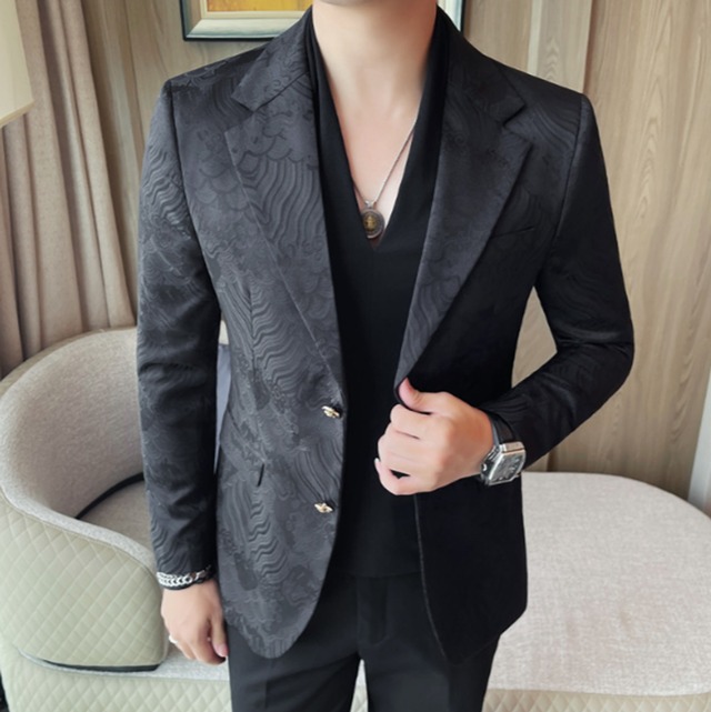 ジャガードパターン　テーラードジャケット　ブラック　LB1495