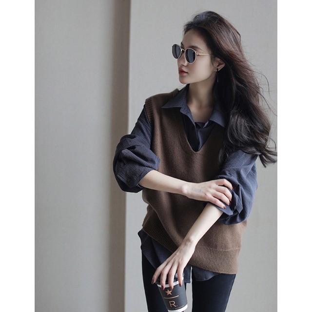 【セットアップ】大きいサイズ セットアップ レディース おしゃれ ママ ニット ベスト ジレ シャツ 春 秋 冬 20代 30代 40代 きれいめ ブラウン×ネイビー 茶色 ホワイト×ネイビー 白 S M L XL 2XL