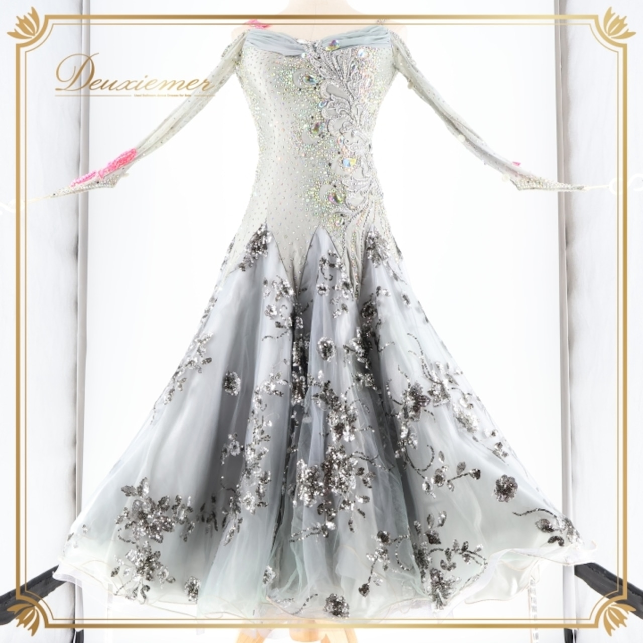 社交ダンス 衣装 スタンダード ドレス ワンピース スタンダードドレス グレー 日本製 灰色 上品 高級感 デモ 競技 ダンス パーティ 発表会 灰色 グレイ系 ピンク系 おしゃれ シンプル エレガント スカート 女性用 フォーマル パフォーマンス用 競技用 社交ダンス衣装