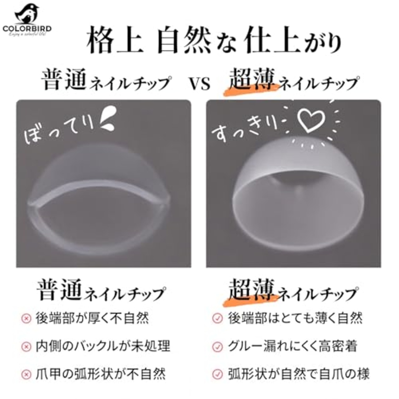 COLORBIRD ネイルチップ 超薄 ロング クリア サンディング 自然なフィット感 つけ爪 (オーバルL, 240pcs)