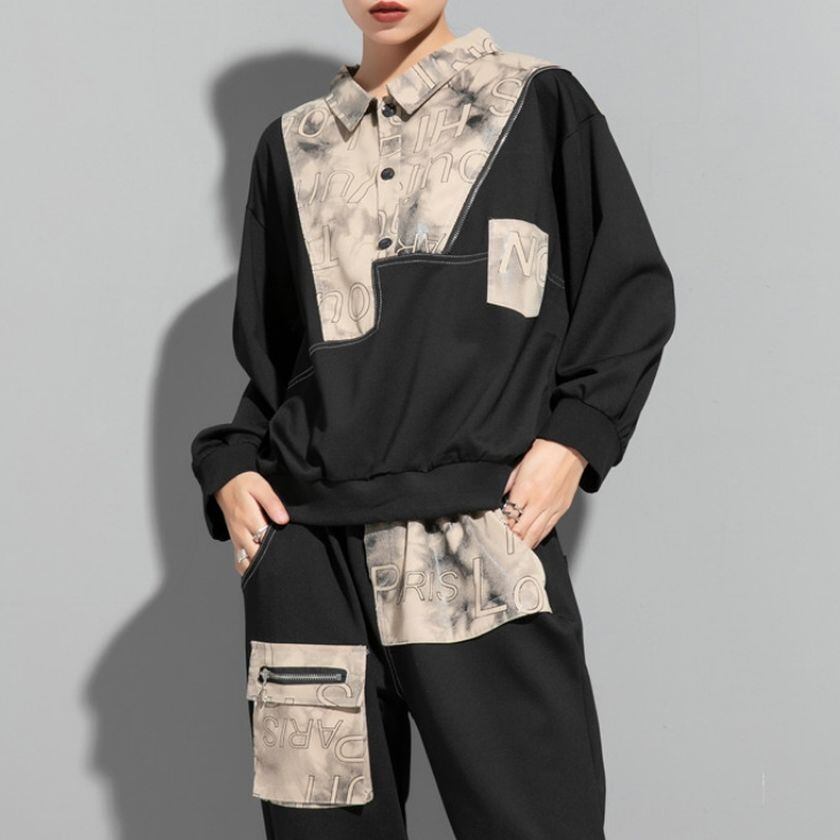 POLO襟不規則スプライシングトップ 2color PU0321