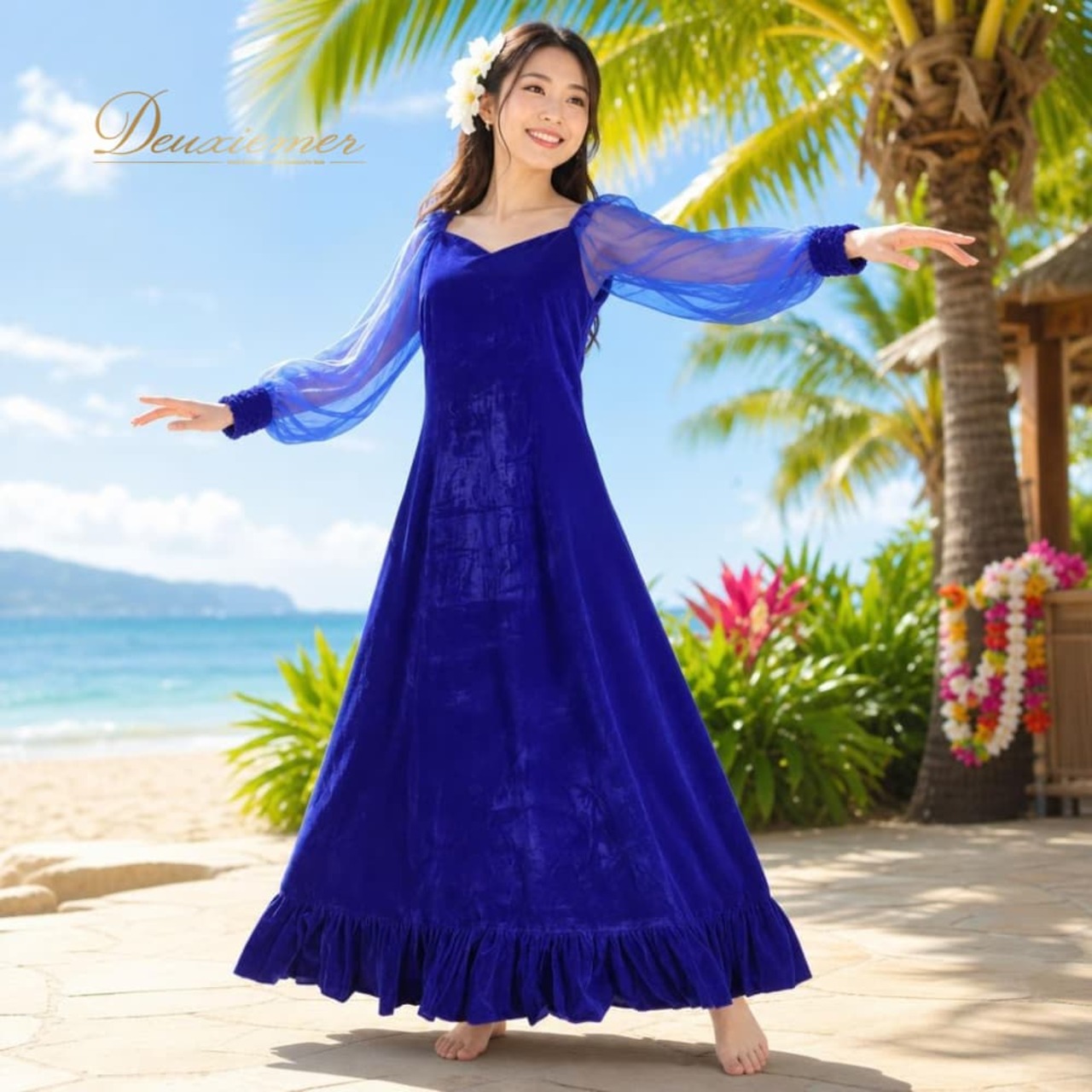 フラダンス 衣装 HULA GIRLS フラガールズ ワンピース ドレス ブルー系 ベロア シースルー ワンカラー 光沢 無地 上品 きれい 高級感 かわいい 華やか 鮮やか 明るい 爽やか 青 エレガント ハワイアン アロハ フラ ダンス レッスン 練習