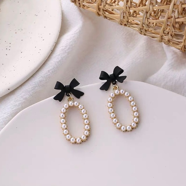 リボン×パールループピアス/イヤリング＊AC021