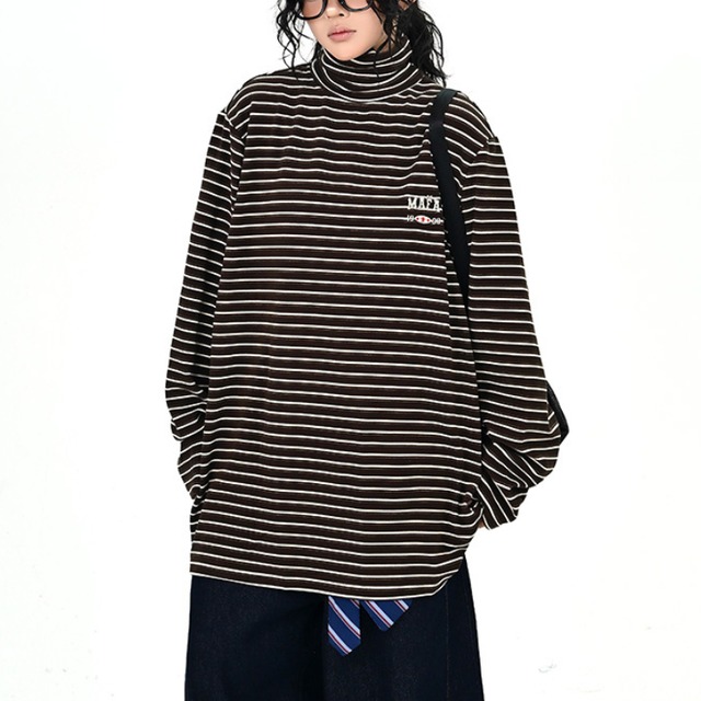 turtleneck one-point striped long tee　タートルネックワンポイントボーダーロンティー　J1373