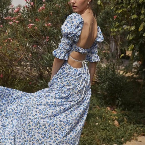 ワンピース レディース 総柄 花柄 フラワー 半袖 バックオープン ロングスカート サマードレス パフスリーブ スクエアネック セクシー バックリボン ギャザー ybh1459