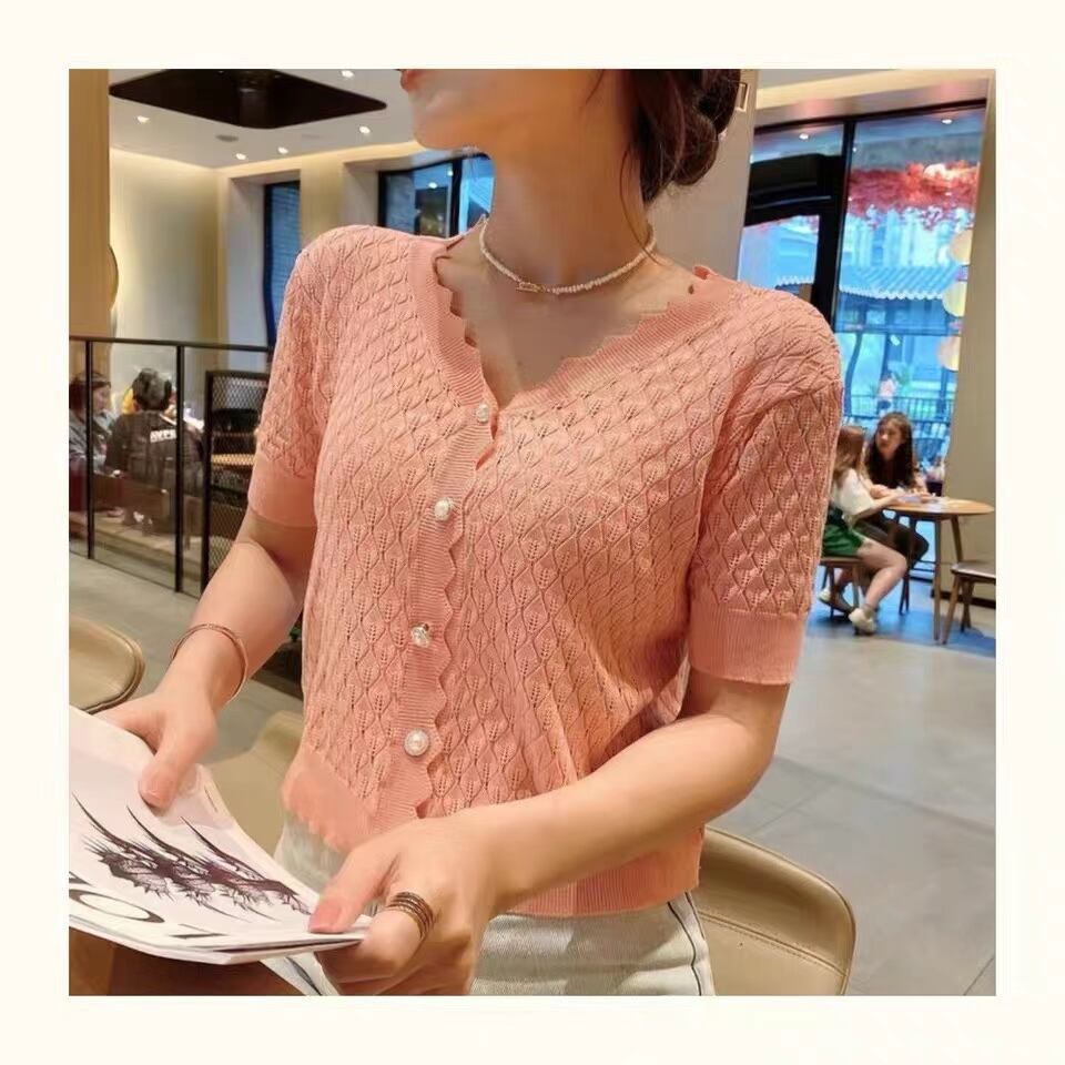 パールボタン5部袖レトロカーディガン　AJ111-5017