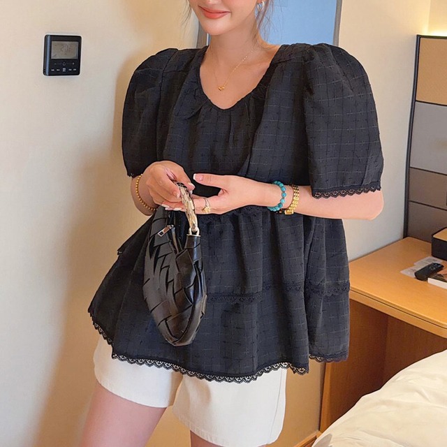 Check flare puff blouse　B646