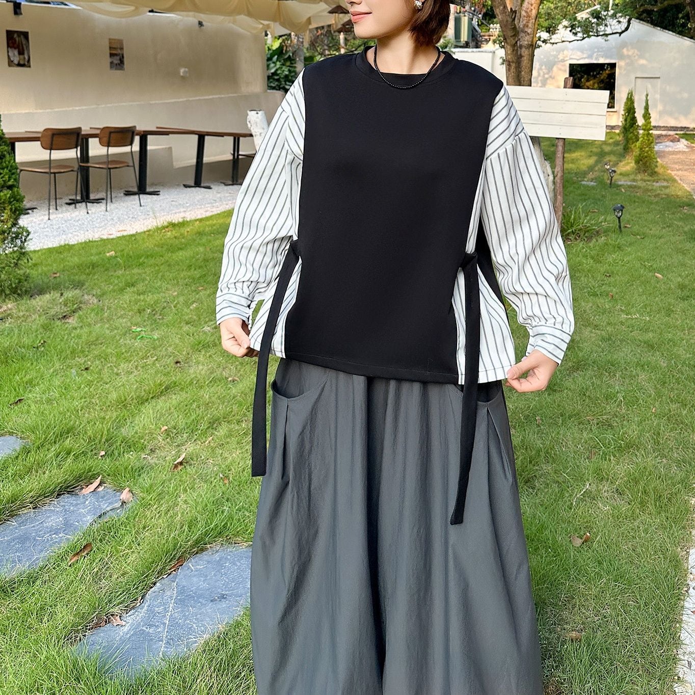 STRIPED FAUX LAYERED CONTRAST LONG SWEATSHIRT M-18721