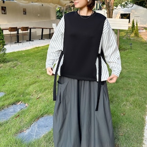 STRIPED FAUX LAYERED CONTRAST LONG SWEATSHIRT M-18721