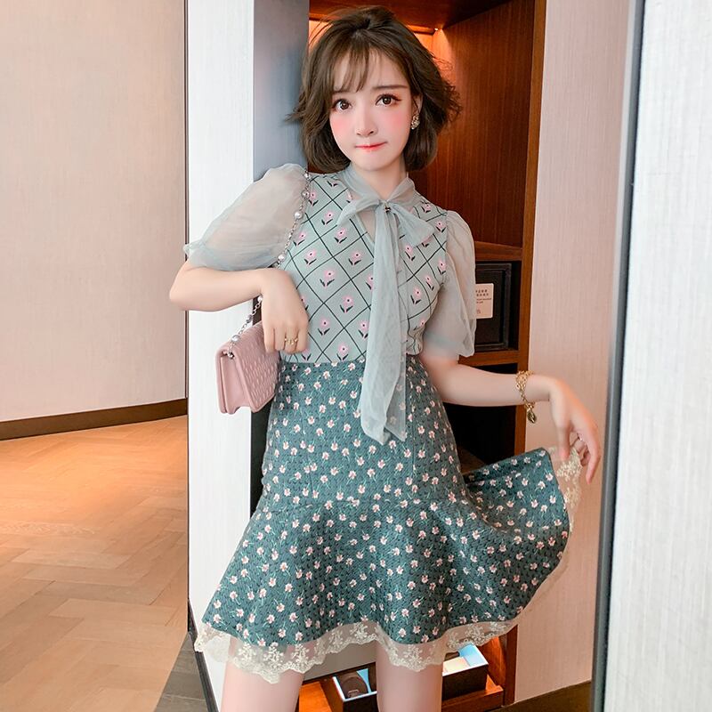 ニットスリーブリボンフローラルレーススカート スプリングサマー 春物 夏物 花柄 MIUCO48132706711