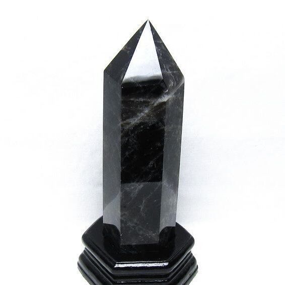 1.1Kg モリオン 六角柱 黒水晶 ポイント 置物 一点物 台座付属 152-4293