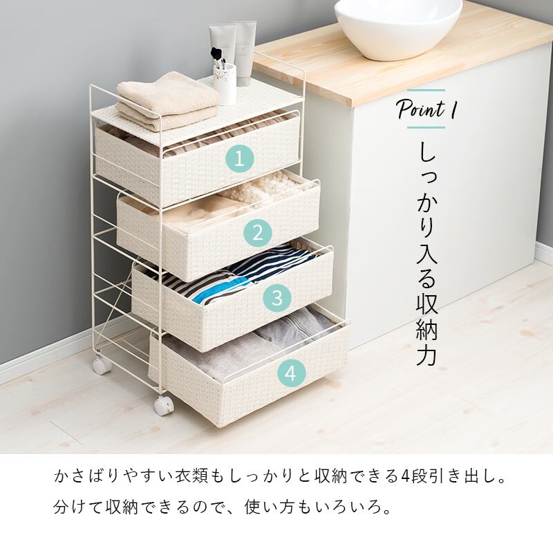 【組立式】ラタン調ランドリーラック ランドリーワゴン 洗濯カゴ キャスター付 一人暮らし 角型4段 3色展開 幅50cm