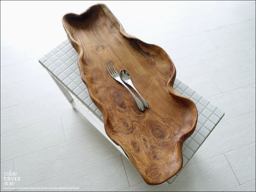 チーク無垢材 大型プリミティブトレイN64cm 大型食器 菓子鉢 サラダボウル 入れ物 自然な様 ナチュラル 世界三大銘木