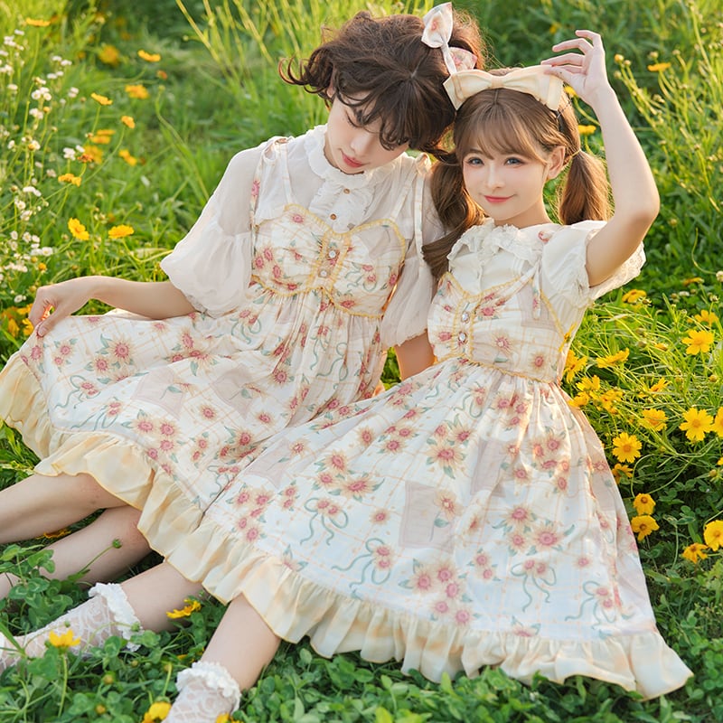 ロリータJskドレス女性夏の甘いひまわりプリントフリルパーティー 