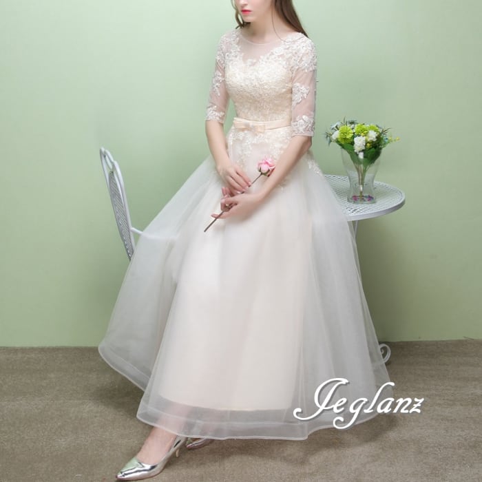 清楚 パーティ イブニングドレス レース 透け感 チュール スカート 3色(M5720)ο