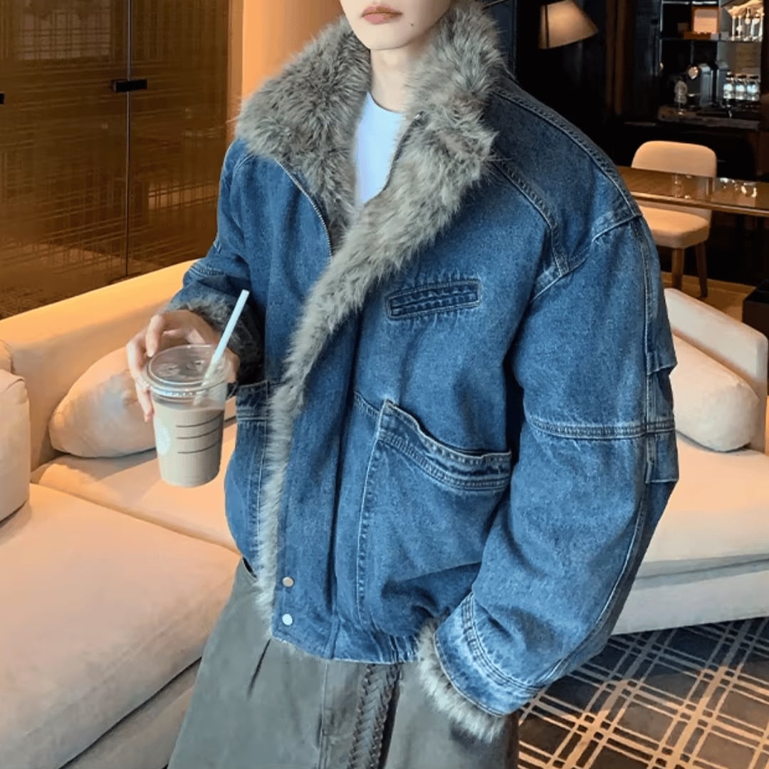 Sherpa-Lined Cropped Denim Jacket(LMU0012)