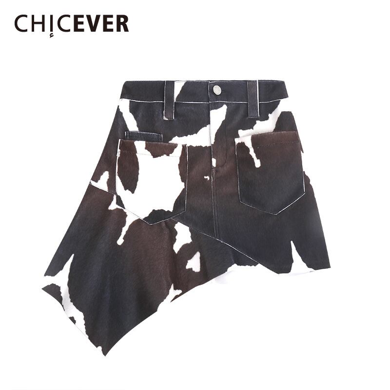 CHICEVERセクシーミニスカートレディースウエストアシンメトリー裾プリントヒットカラーラージサイズスカート服2020 大きめサイズ 6base573690864307