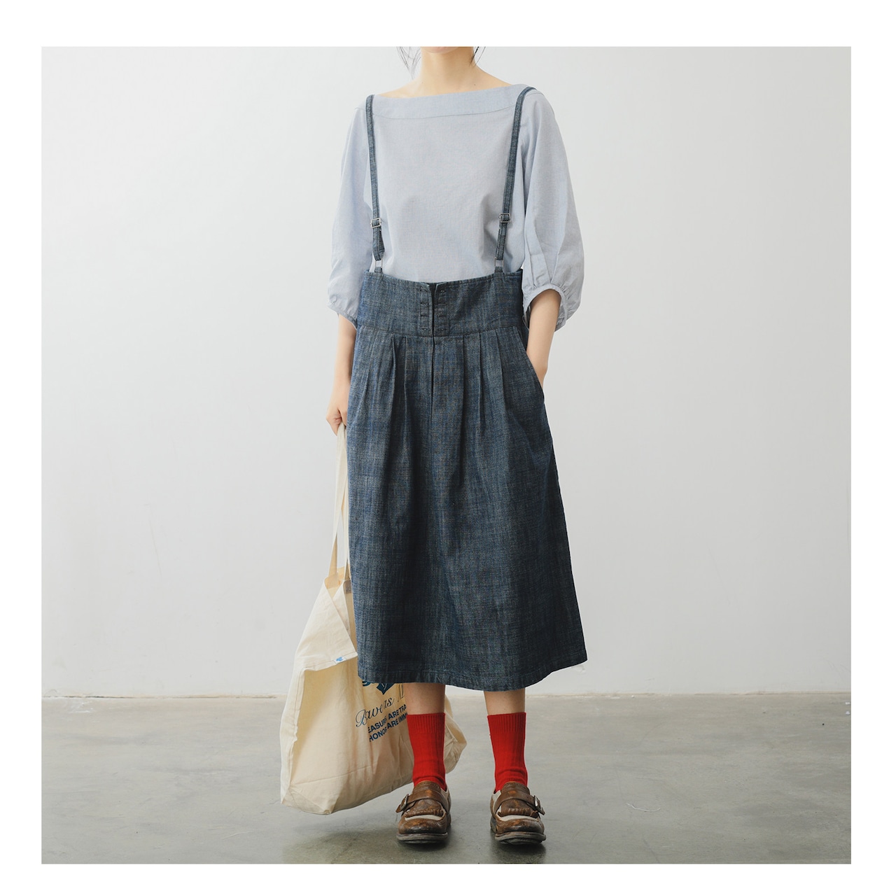サスペンダー付き インディゴギャザースカート   F0102 - 3