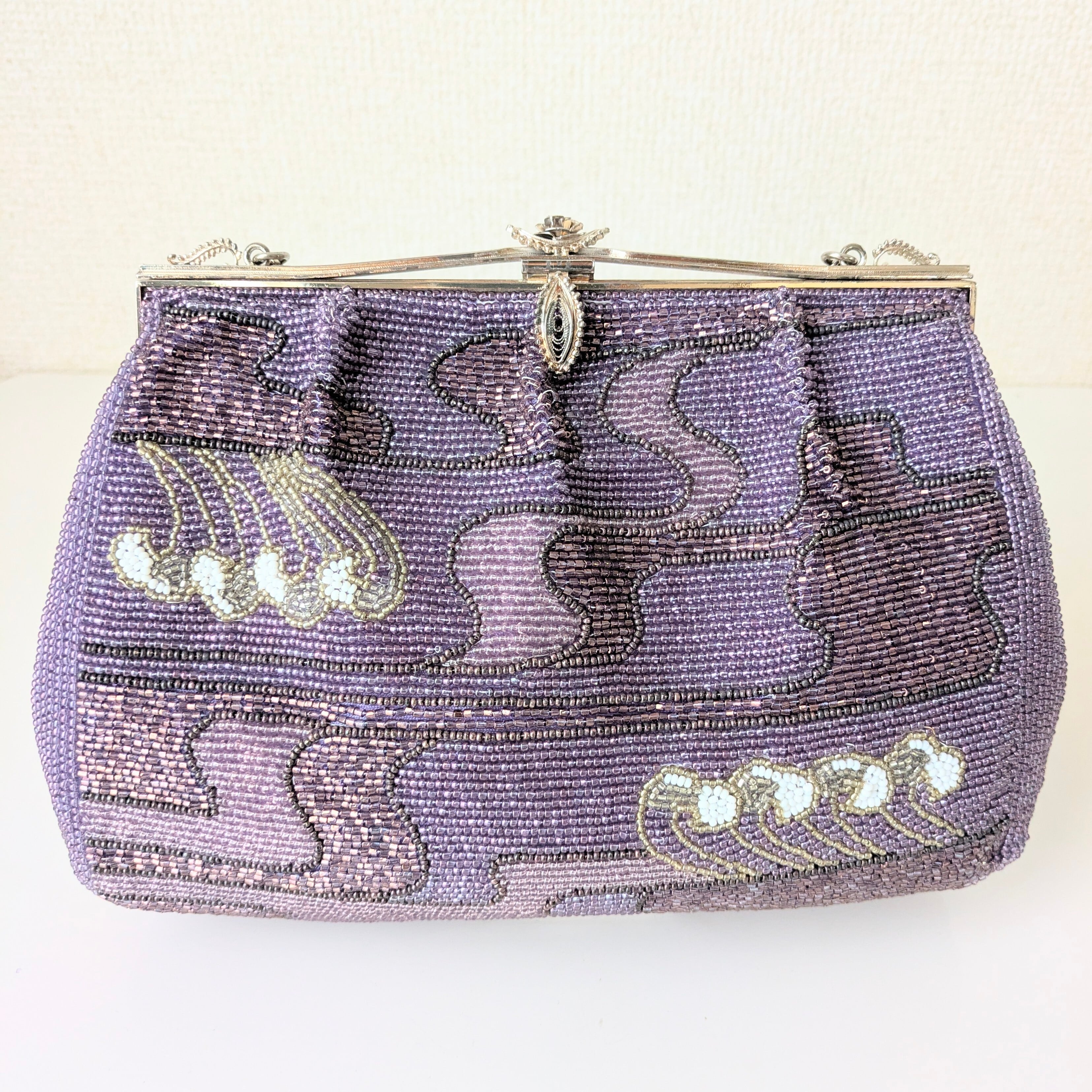 Vintage】ビーズ刺繍バッグ 藤色 流水文 パーティーバッグ クラッチ