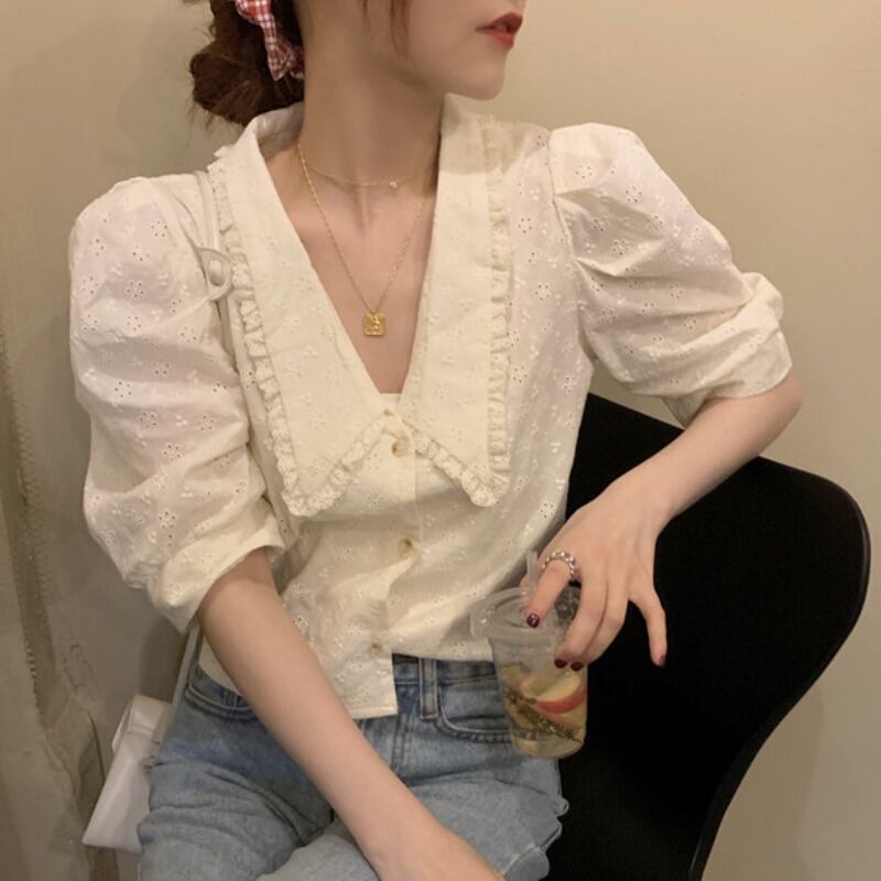 シャツ レディースサマースリーブルーズショートトップス 夏物 ドラファッションホール57450820735