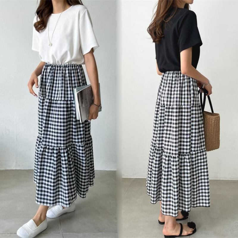 【dress】大好評切り替えチェック柄シンプルロングワンピース N-1848