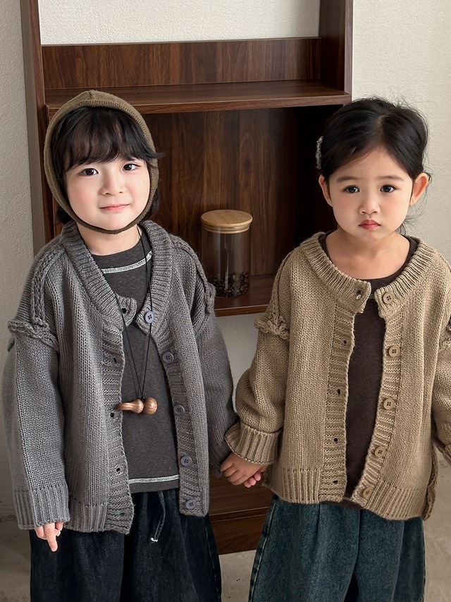 《取寄》 ラウンドネックニットカーディガン （ベージュ／グレー） JIAY 2025秋 韓国子供服 アウター カーデ 上着 セーター ニット （80~140cm）