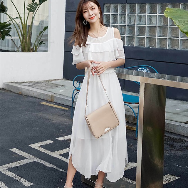 春 夏 レディース ワンピース ロング丈 ロングワンピース オフショルダー 肩出し ノースリーブ ラウンドネック フリル シンプル 無地 可愛い 黒 西瓜 緑 ワインレッド 桃 赤 白 Yn 7 32 Dress Sugar Moon