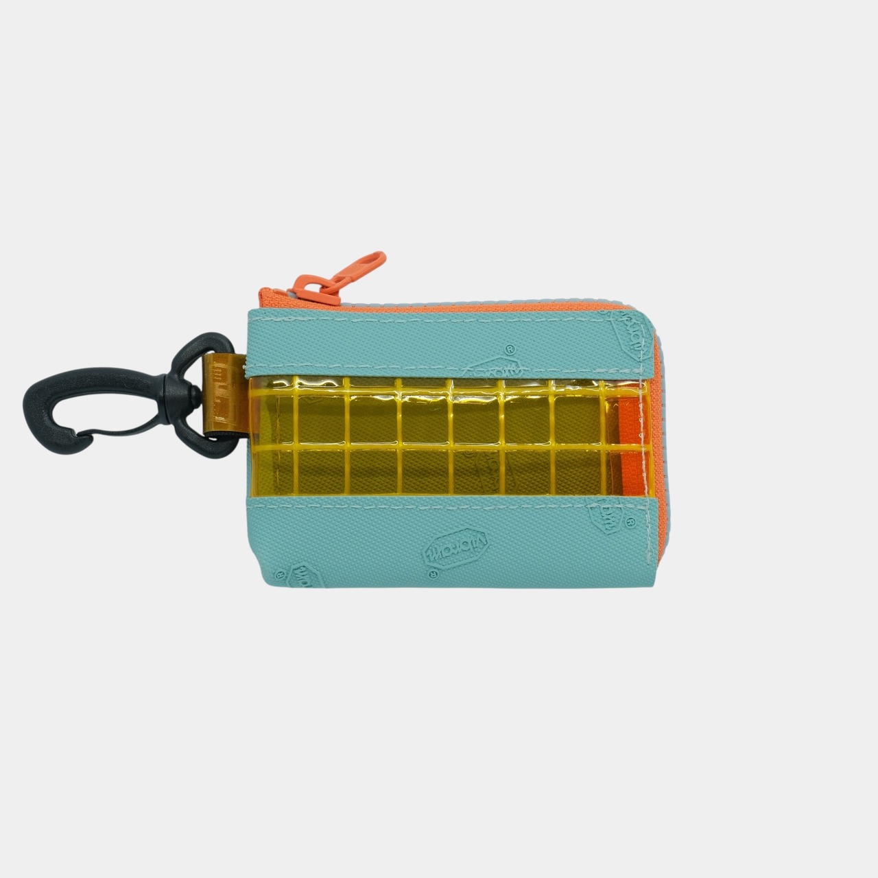 vibram card case (mint×orange) with blue glowing zip