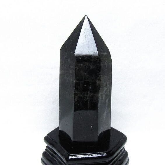 黒水晶 六角柱 モリオン ポイント 置物 一点物 台座付属 152-4329