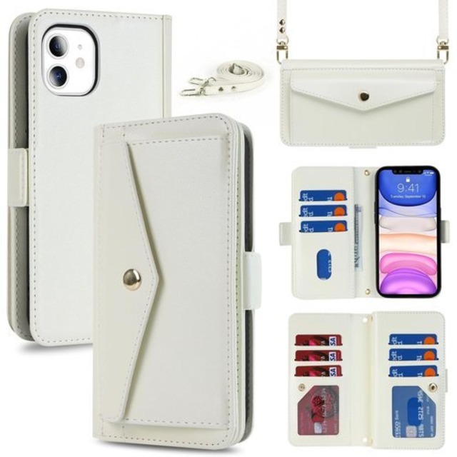 Eastwave for iPhone 11 ケース ショルダー クロスボディアイフォン 11 留め具 肩がけ 首掛け 斜め掛け カードケース for iPhone11 手帳型 携帯 ケース case 財布型 カード収納 小銭入れ PUレザー ホワイト 2220