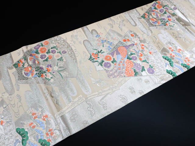 六通 袋帯 刺繍 袋帯 美品 逸品 草花 松 刺繍 箔 黒 六通 正絹 中古 : リユース