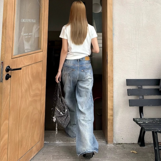 スターモチーフポケットウォッシュドワイドデニムパンツ 1col R02278