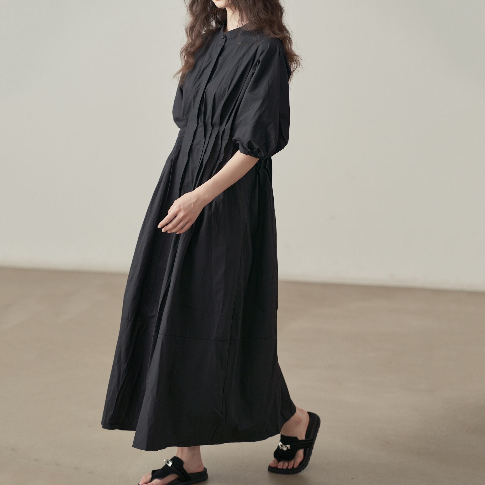 pleated design puff sleeves long one-piece m0378