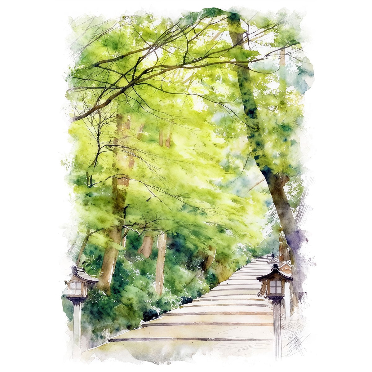 絵画(風景画) 日本 石川県 新緑の兼六園 インテリアアート額付き 水彩画・油絵調 WAT1370