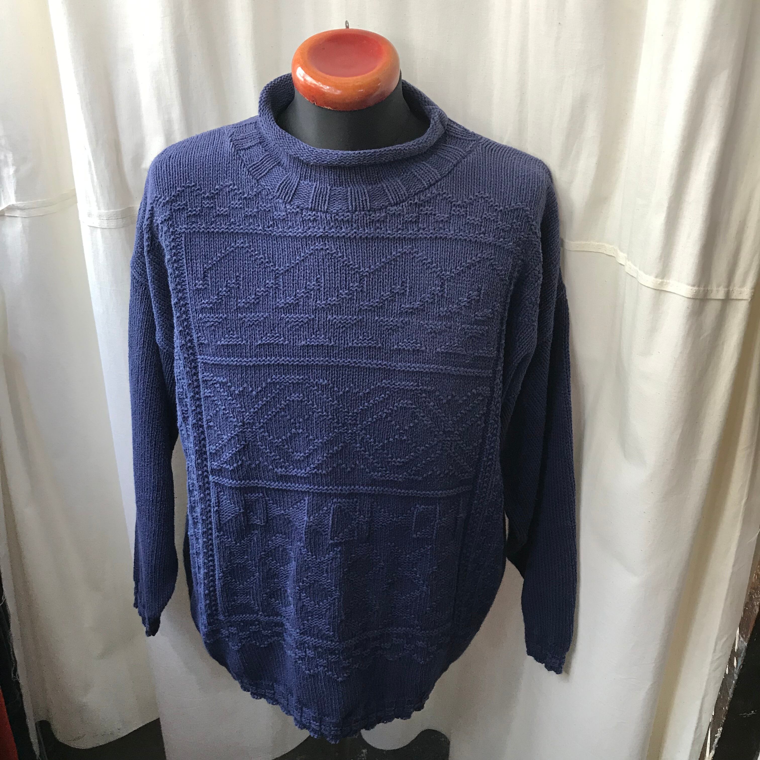 80 S Old ネイビー ハイネックアランニット フィッシャーマン コットンセーター メンズxl Used Clothing Shyboy