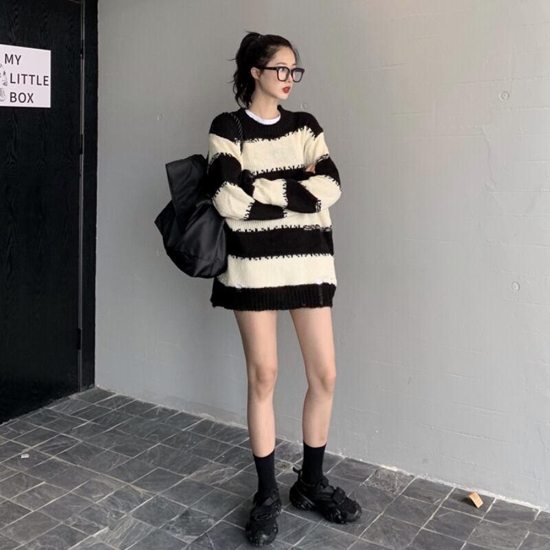 プルオーバーレディースリッピングストライプセーター2020年秋新作ルーズミドル丈レイジースタイル長袖トップス ドラファッションホール22838156645