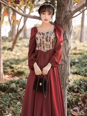 【0101】Red Flower Vintage Long Sleeve Dress