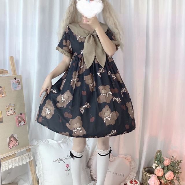 サブカル 服 地雷系 通販 ワンピース 半袖 テディベア くまちゃん チェリー 柄 プリント スモークカラー くすみカラー ロリィタ かわいい