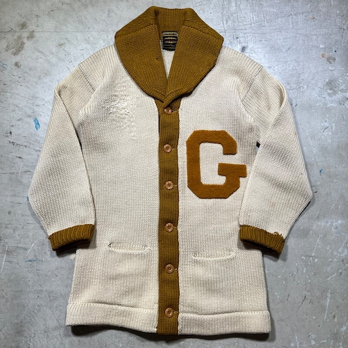 30's 40's O'shea Knitting Mills × BERKMAN'S  ローゲージショールカラーレタードカーディガン アイボリー マスタード 2トーン M相当 希少 ヴィンテージ BA-2383 RM2802H