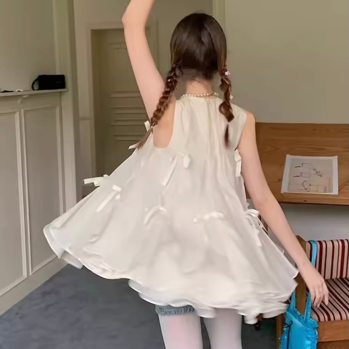 ribbon flare sleeveless tops